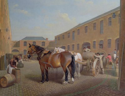 Het laden van de drays bij Whitbread Brewery, Chiswell Street, Londen, 1783 door George Garrard